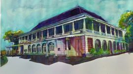 Bangunan tua dengan gaya neo klasik ini adalah kantor dan tempat tinggal asisten residen, sketchers artis: Rihat Sitorus/Instagram.com/@riharsitorus
