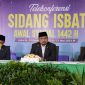 Menag Yaqut Cholil Qoumas, Ketua MUI KH Abdullah Jaidi, dan Wakil Ketua Komisi VIII TB Ace H Syadzili umumkan hasil isbat awal 1 Syawal 1442 Hijriah jatuh pada 13 Mei 2021. /Dok. kemenag.go.id
