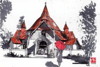 Ilustrasi Gereja Kristus Raja Pagal di persimpangan jalan Reo - Ruteng,  
Manggarai, Flores, Nusa Tenggara Timur, sketsa karya Rudy Kurniawan. /Instagram.com/@architung