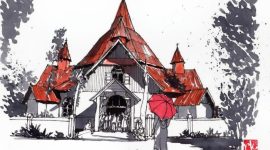 Ilustrasi Gereja Kristus Raja Pagal di persimpangan jalan Reo - Ruteng,  
Manggarai, Flores, Nusa Tenggara Timur, sketsa karya Rudy Kurniawan. /Instagram.com/@architung