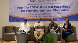 ALGORITMA Research and Consulting merilis Survei Nasional 2023 yang bertajuk "Pemilu 2024: Dari Isu Polarisasi ke Pembangunan Ekonomi" di AONE Hotel, Wahid Hasyim, Jakarta Pusat. (Dok. ALGORITMA Research and Consulting)