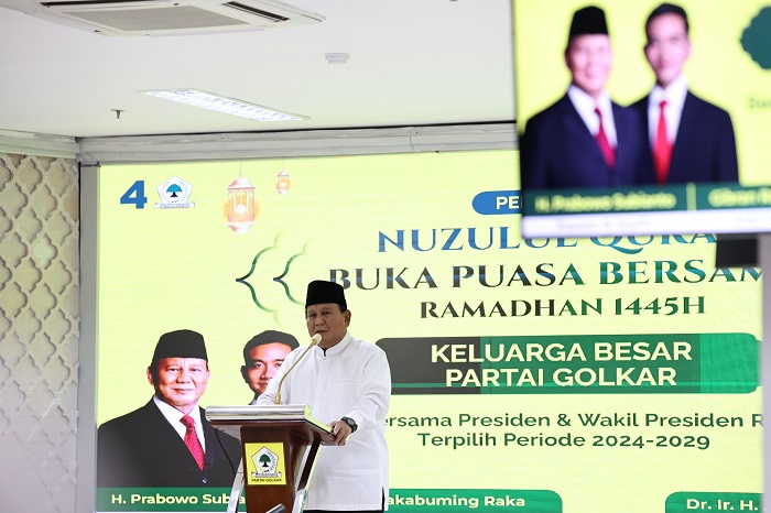 Presiden dan Wakil Presiden terpilih Prabowo Subianto dan Gibran Rakabuming Raka menghadiri Nuzulul Qur’an dan Buka Puasa bersama Partai Golkar di DPP Golkar. (Dok. Tim Media Prabowo)